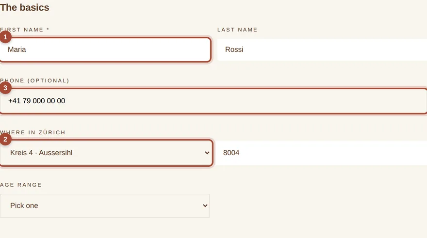 The basics step with first name, Kreis and phone ringed