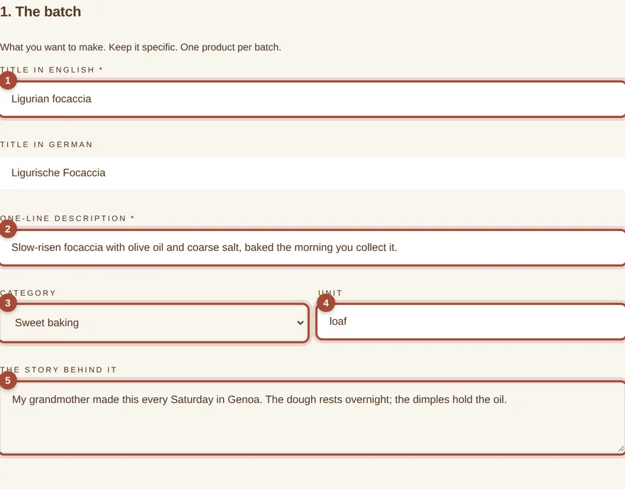 Section one of the batch form with title, description, category, unit and story ringed