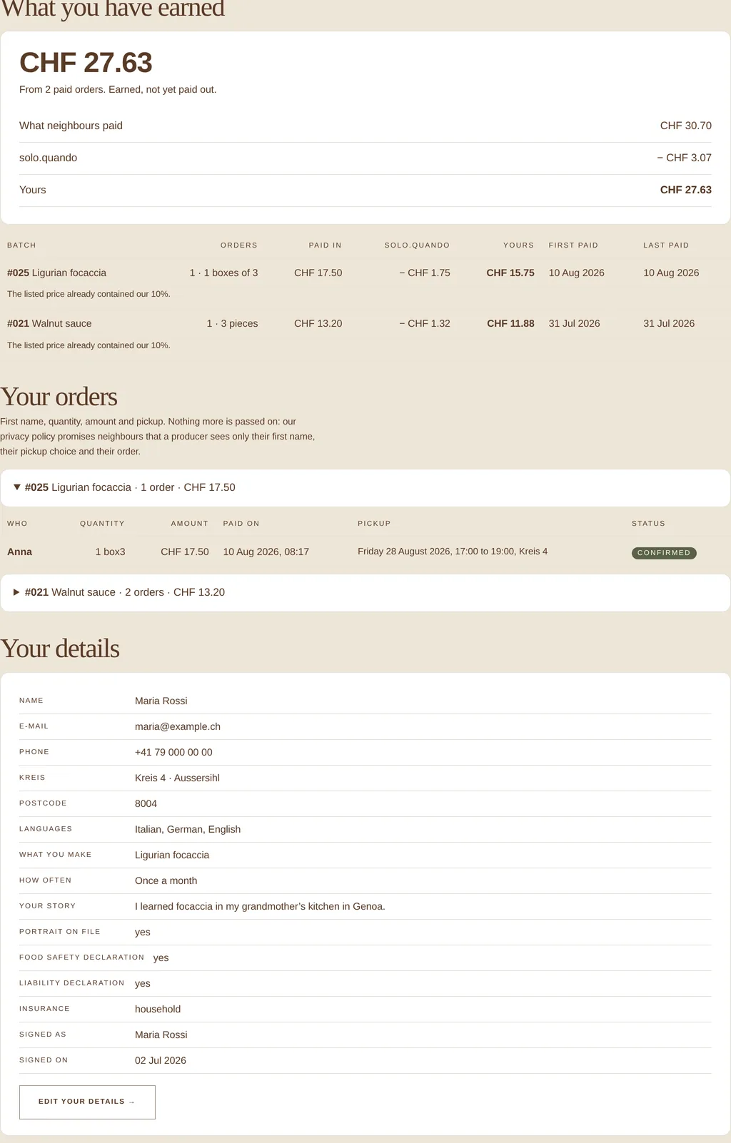 The producer account page showing earnings, orders and details